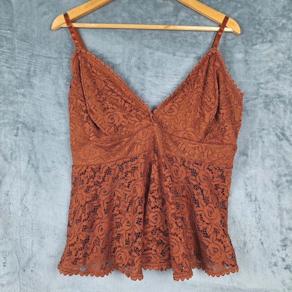 Womens Top 3XL Brown Babydoll Y2K Floral Lace Cami Fairy Coquette Feminine Boho